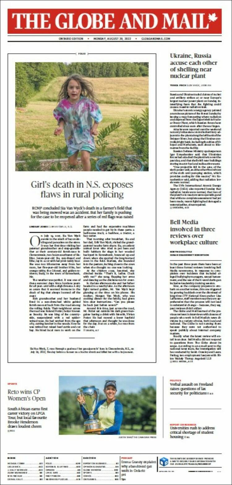 Portada de The Globe and Mail (Canadá)