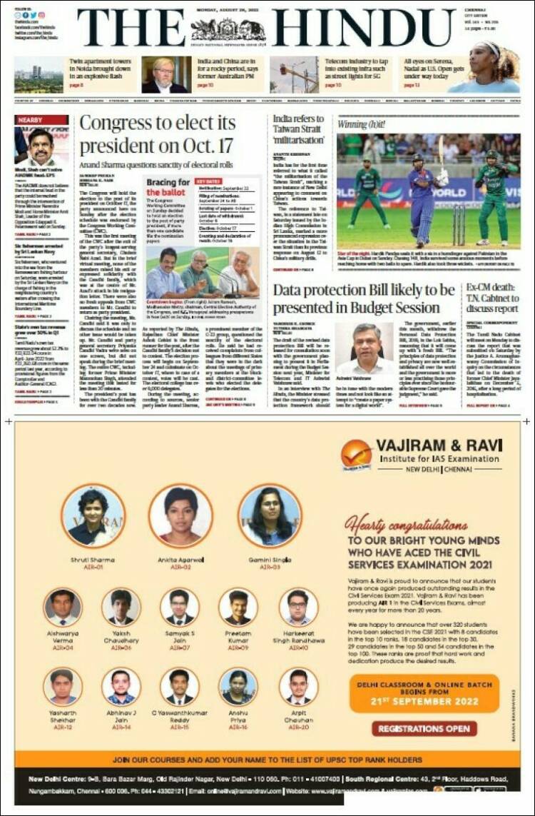 Portada de The Hindu (India)