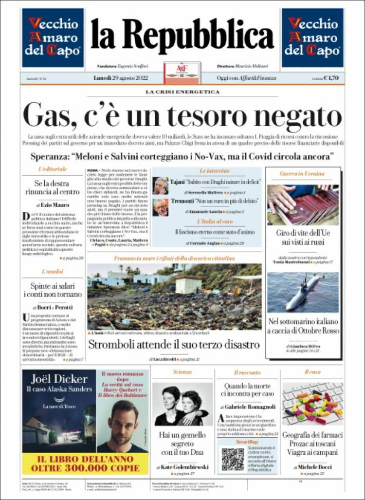 Portada de La Repubblica (Italia)