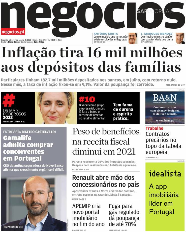 Portada de Jornal de Negócios (Portugal)