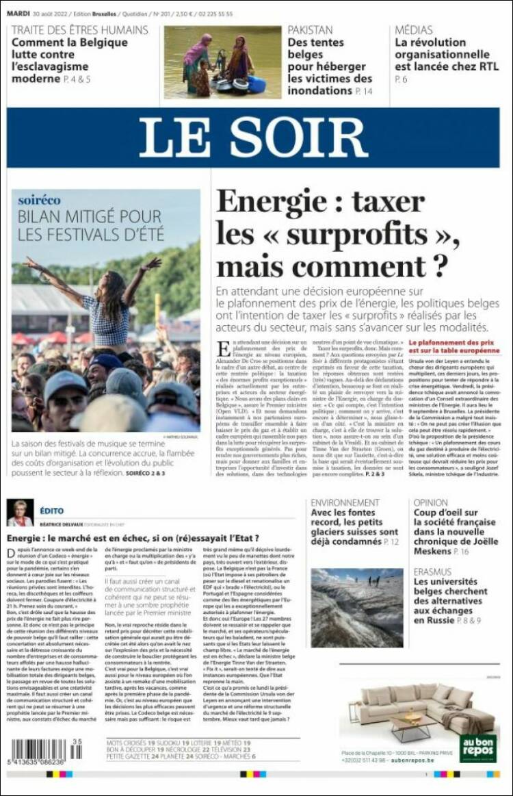 Portada de Le Soir (Belgique)