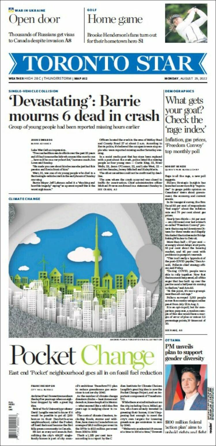 Portada de The Toronto Star (Canadá)