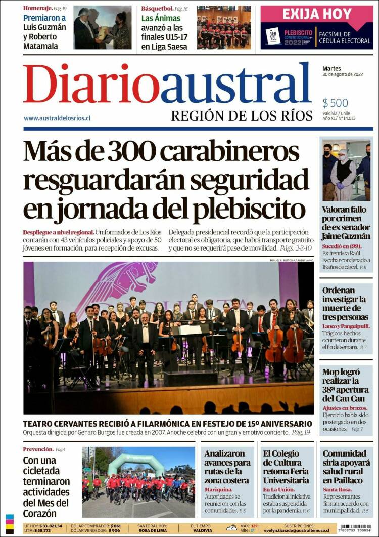 Portada de El Diario Austral de Valdivia (Chile)