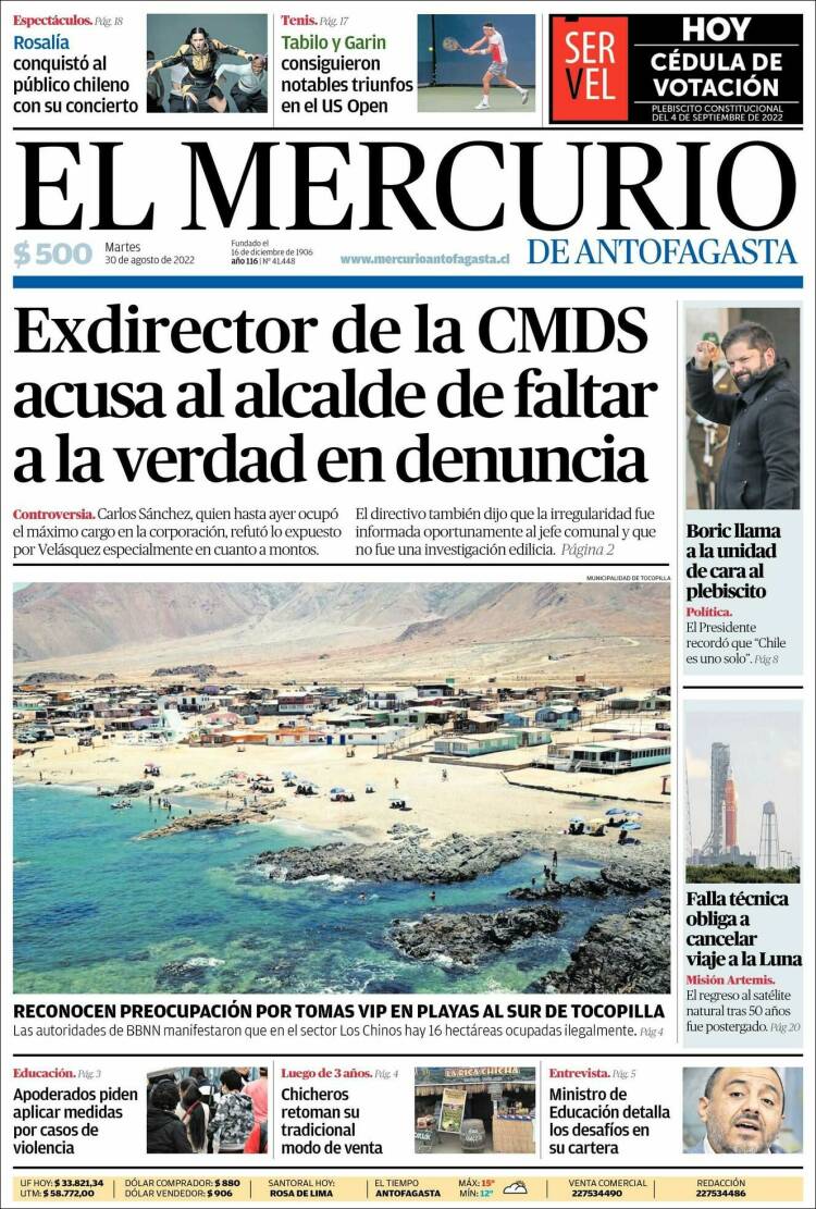 Portada de El Mercurio de Antofagasta (Chile)