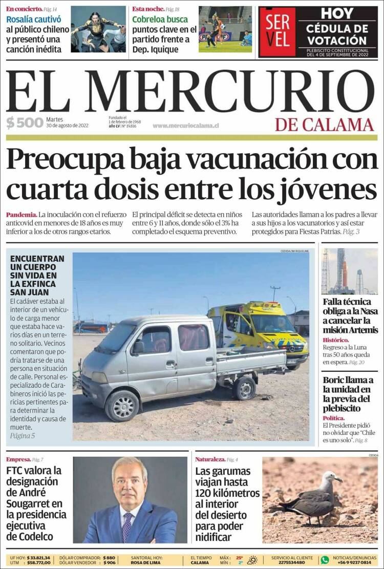 Portada de El Mercurio - Calama (Chile)