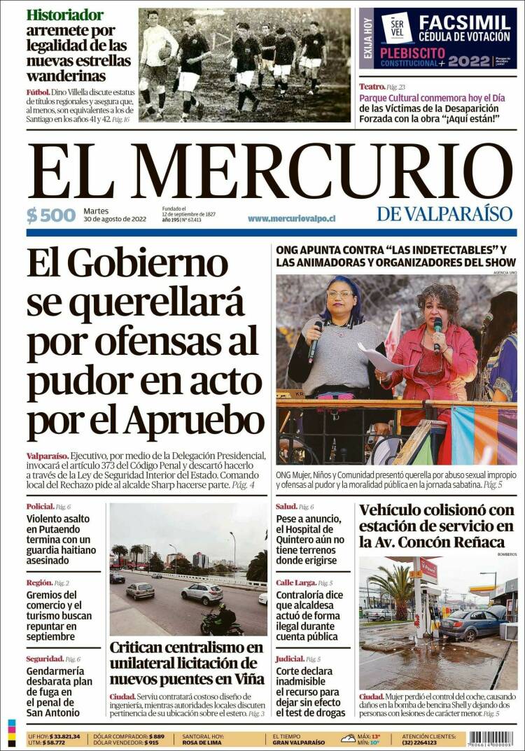 Portada de Mercurio de Valparaiso (Chile)