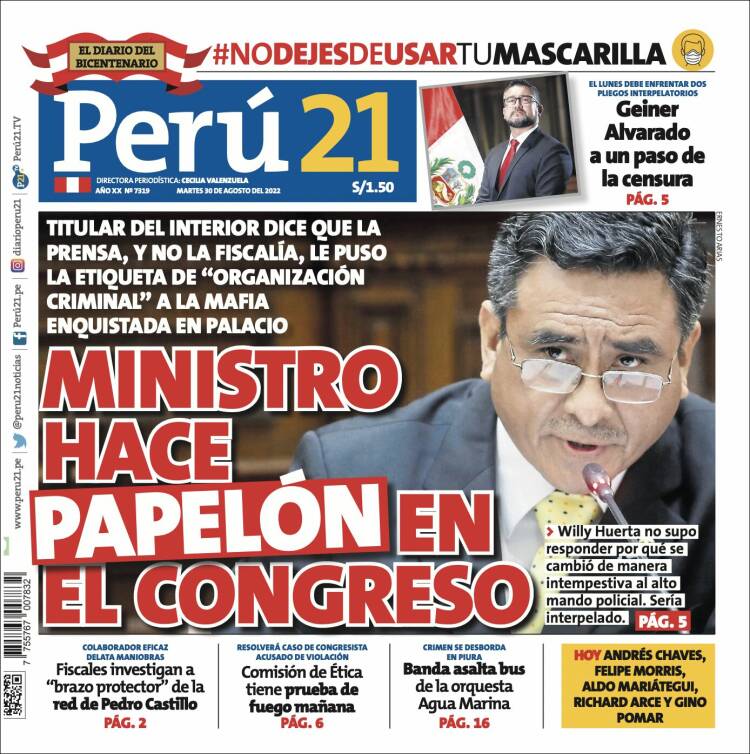 Portada de Perú 21 (P&eacute;rou)