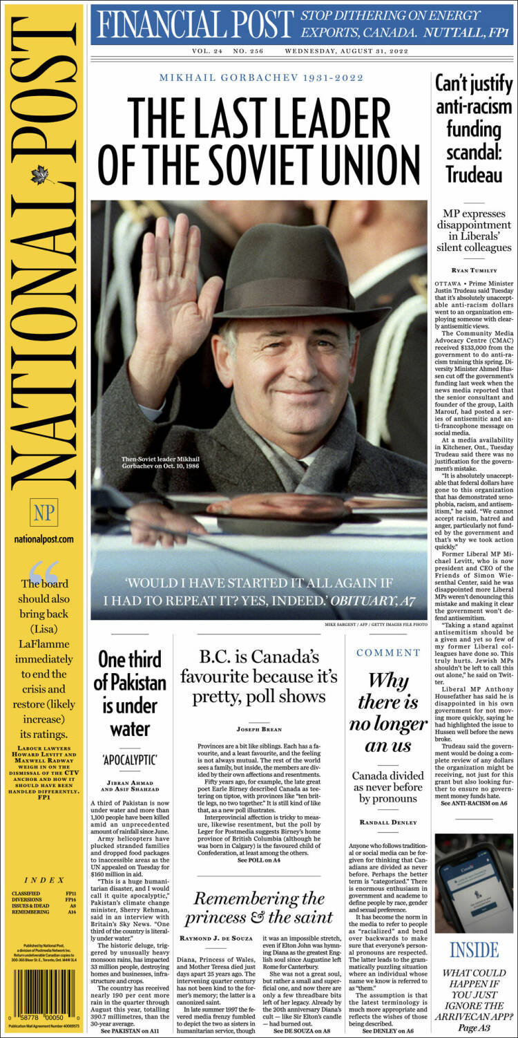 Portada de The National Post (Canadá)