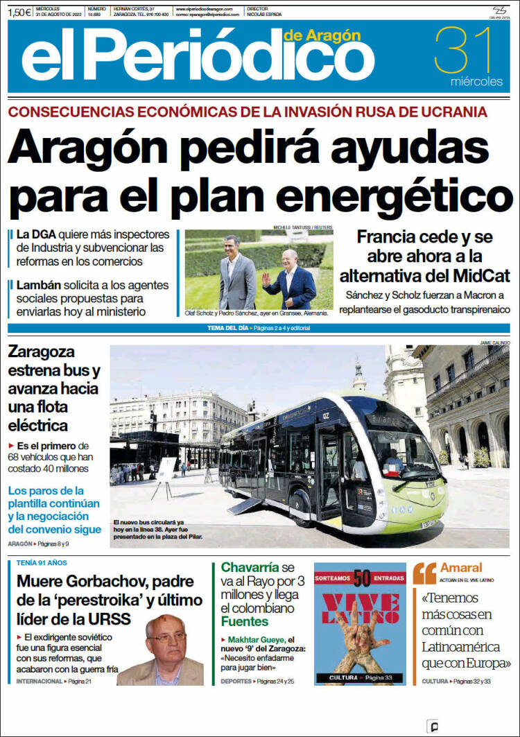 Portada de El Periódico de Aragón (España)