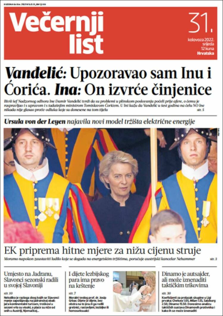 Portada de Večernji (Croacia)
