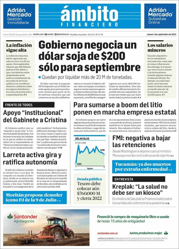 Portada de Diario Ambito Financiero (Argentina)