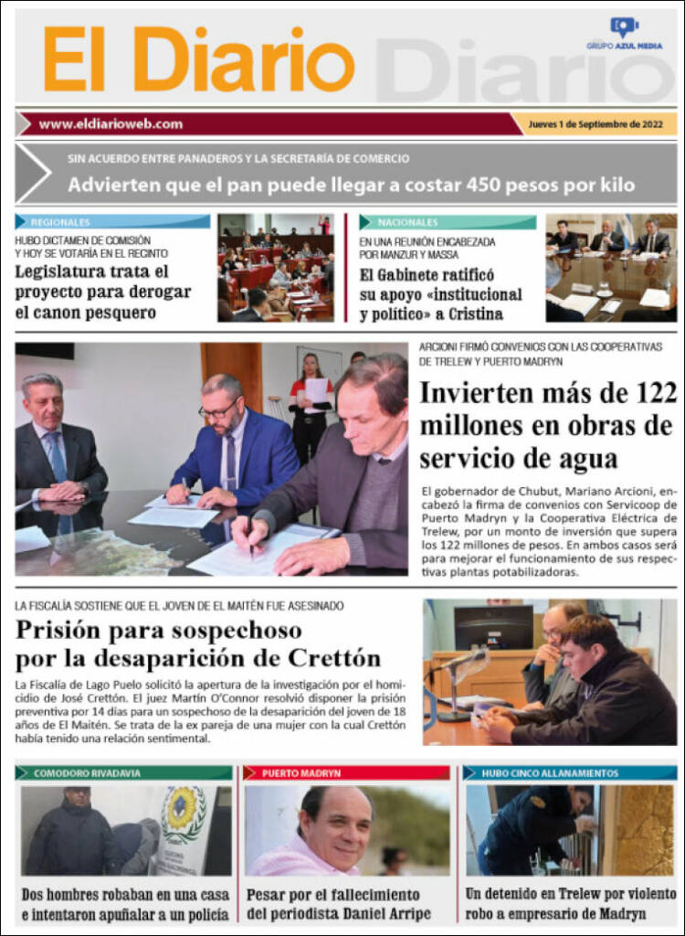 Portada de El Diario de Madryn (Argentina)