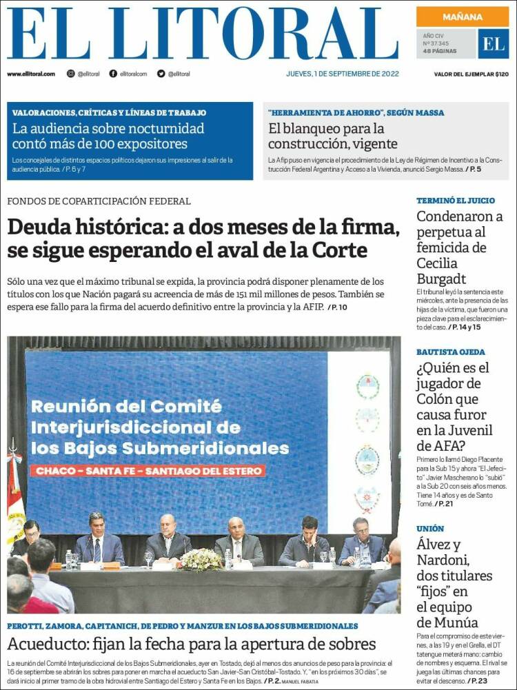 Portada de Diario El Litoral (Argentina)