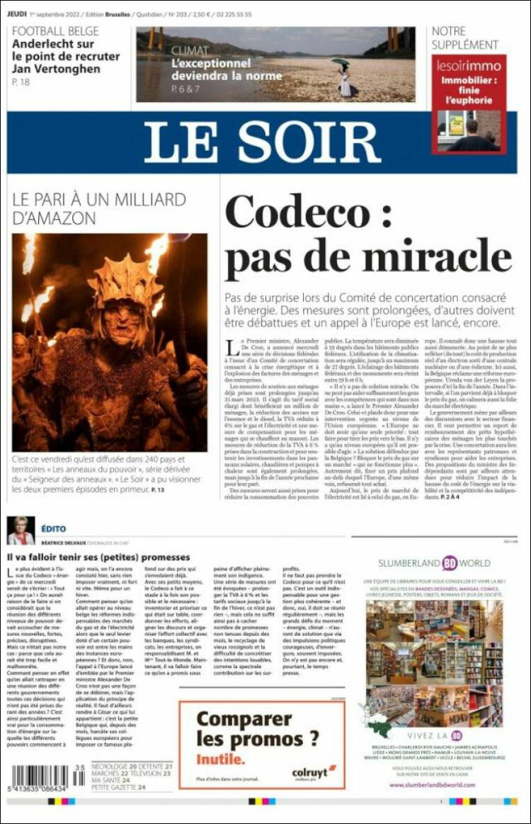 Portada de Le Soir (B&eacute;lgica)