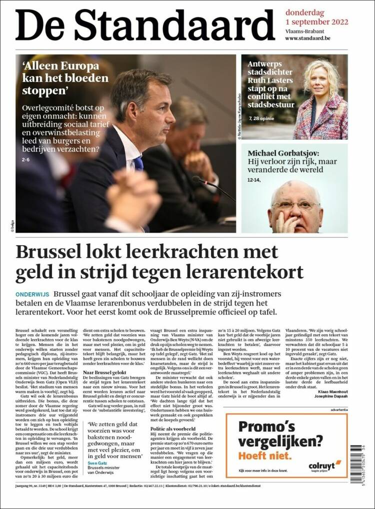 Portada de De Standaard (B&eacute;lgica)