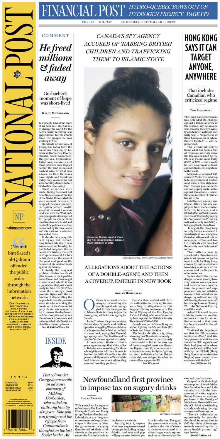 Portada de The National Post (Canadá)