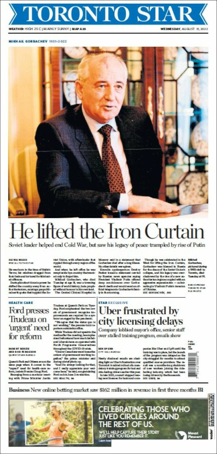 Portada de The Toronto Star (Canadá)