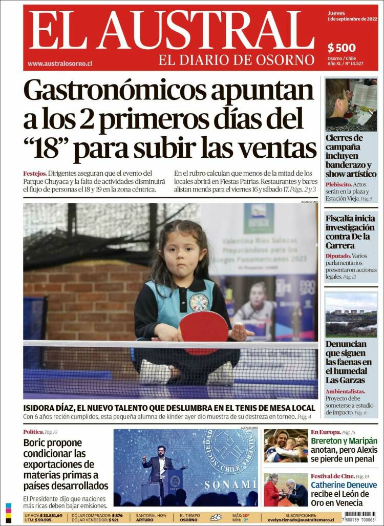Portada de El Austral de Osorno (Chile)