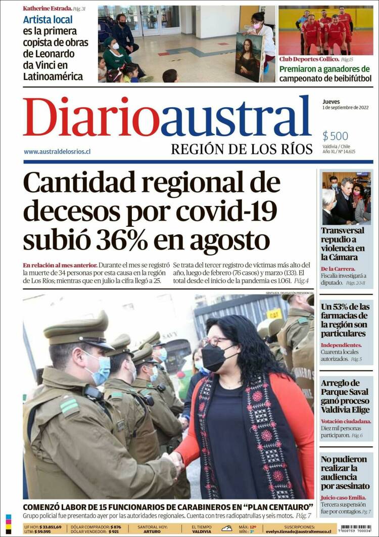 Portada de El Diario Austral de Valdivia (Chile)