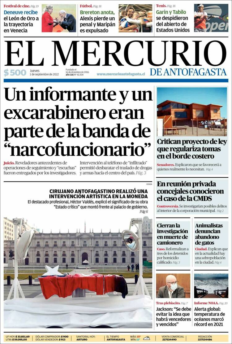 Portada de El Mercurio de Antofagasta (Chile)