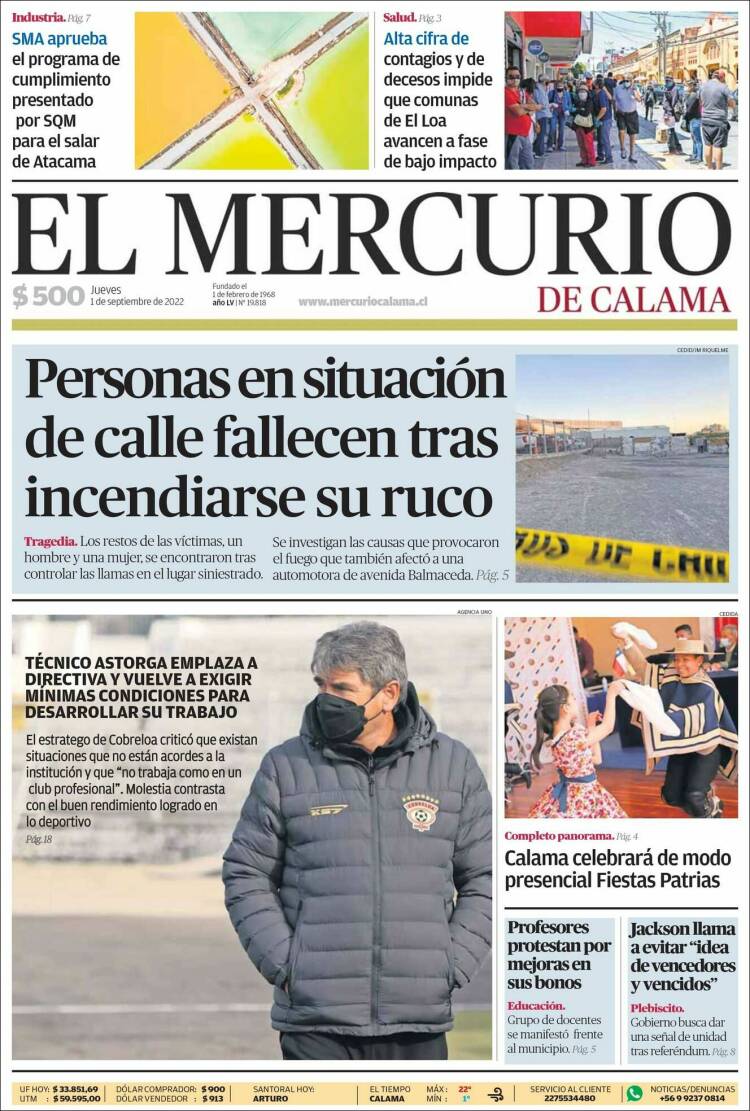 Portada de El Mercurio - Calama (Chile)