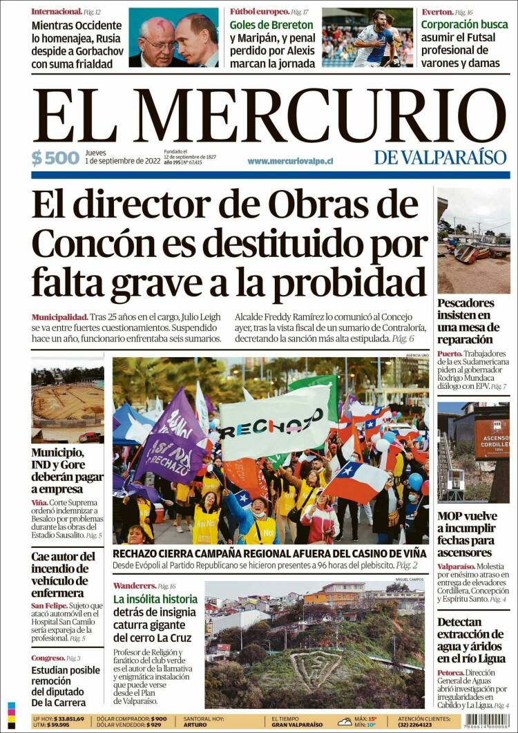 Portada de Mercurio de Valparaiso (Chile)