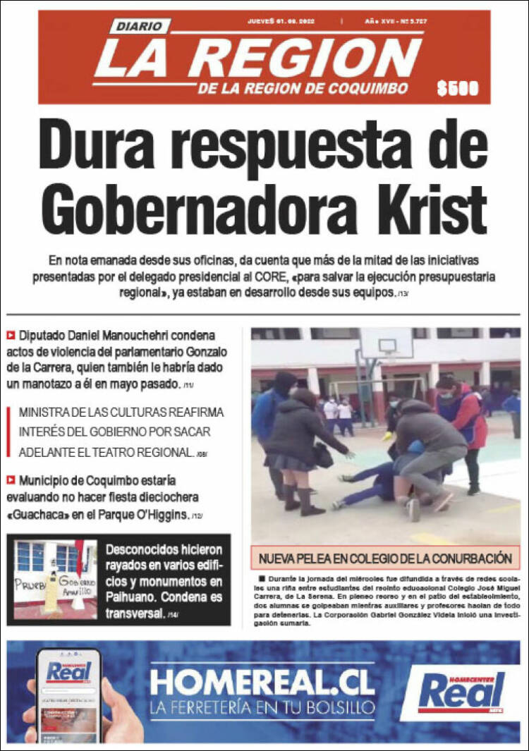 Portada de Diario La Región de Coquimbo (Chile)