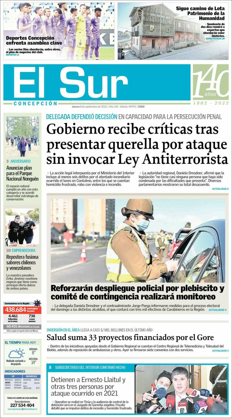 Portada de El Sur (Chile)