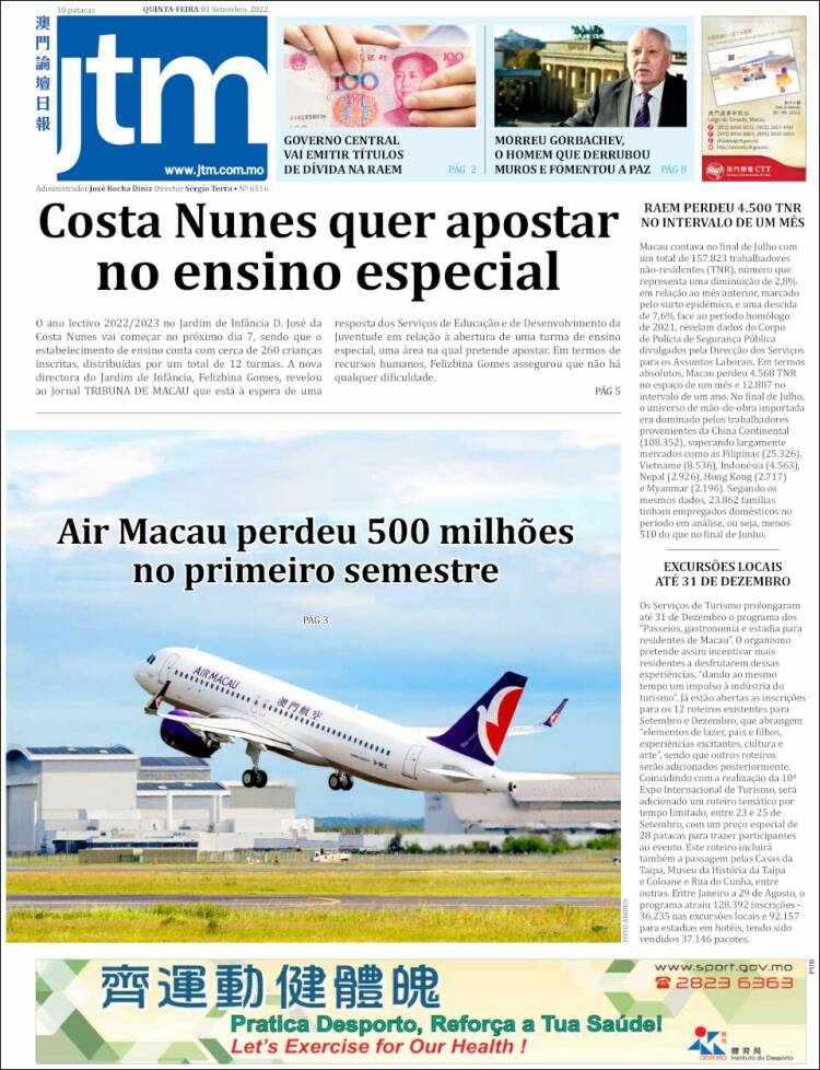 Portada de Jornal Tribuna de Macau (China)