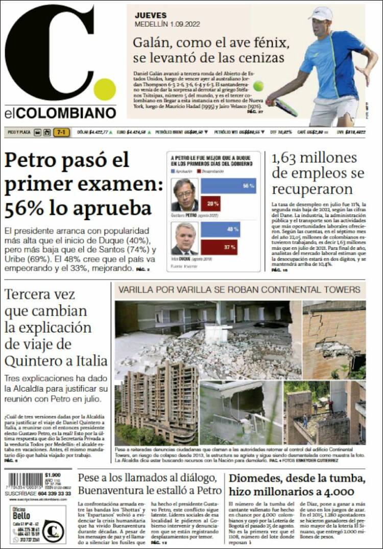 Portada de El Colombiano (Colombia)