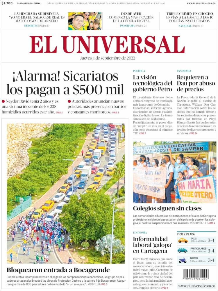 Portada de El Universal (Colombia)