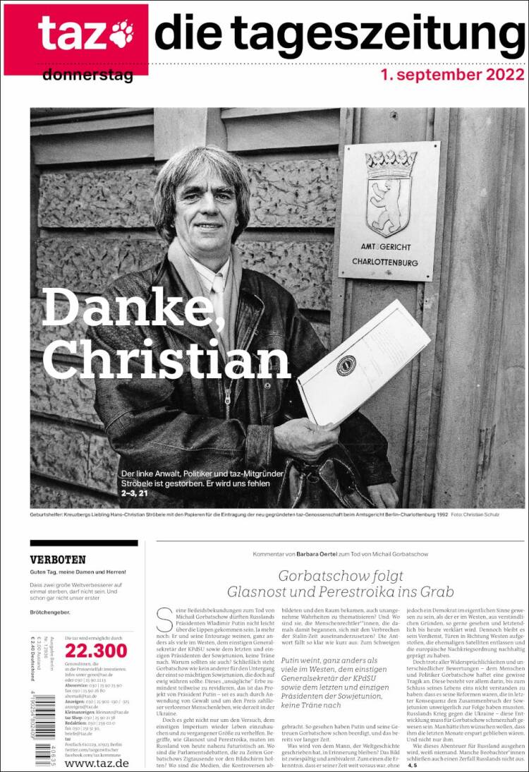 Portada de Die Tageszeitung (Alemania)