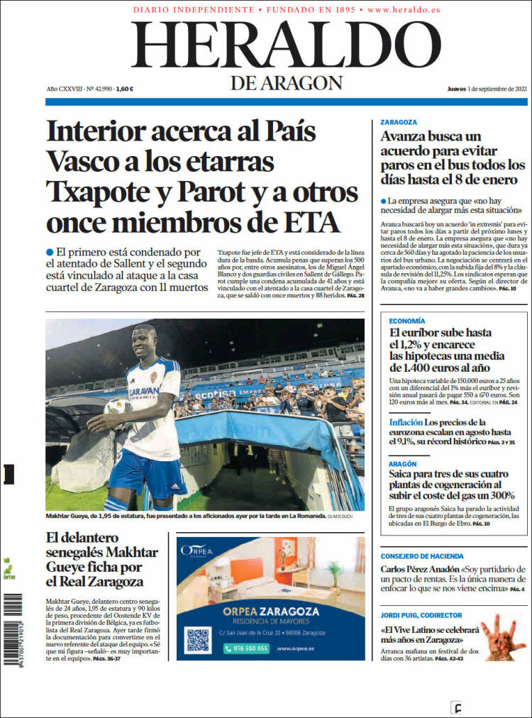 Portada de Heraldo de Aragón (España)