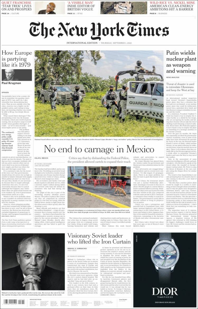 Portada de International New York Times (Europa)