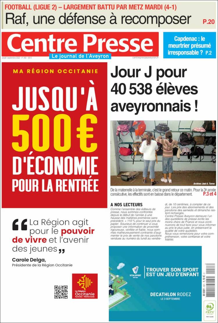 Portada de Centre Presse (Francia)
