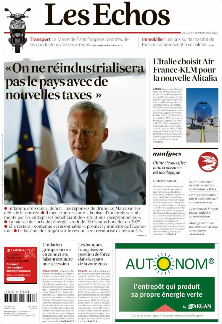 Portada de Les Echos (Francia)