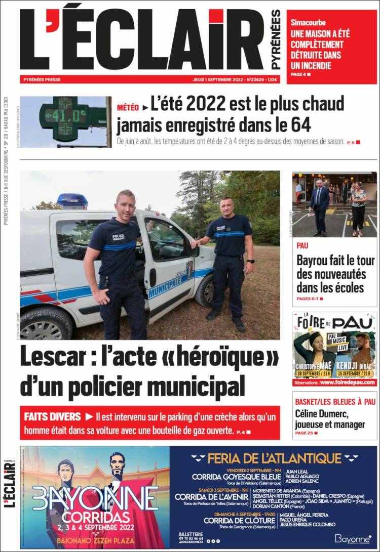 Portada de L'Eclair des Pyrénées (Francia)