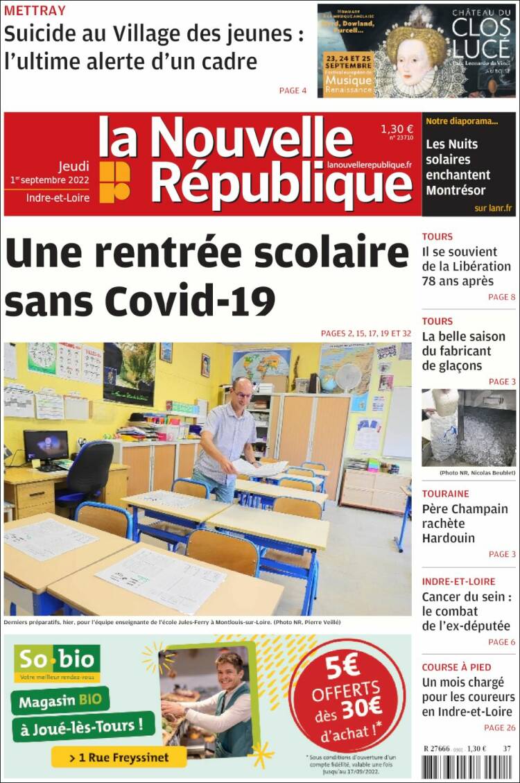 Portada de La Nouvelle Republique (Francia)
