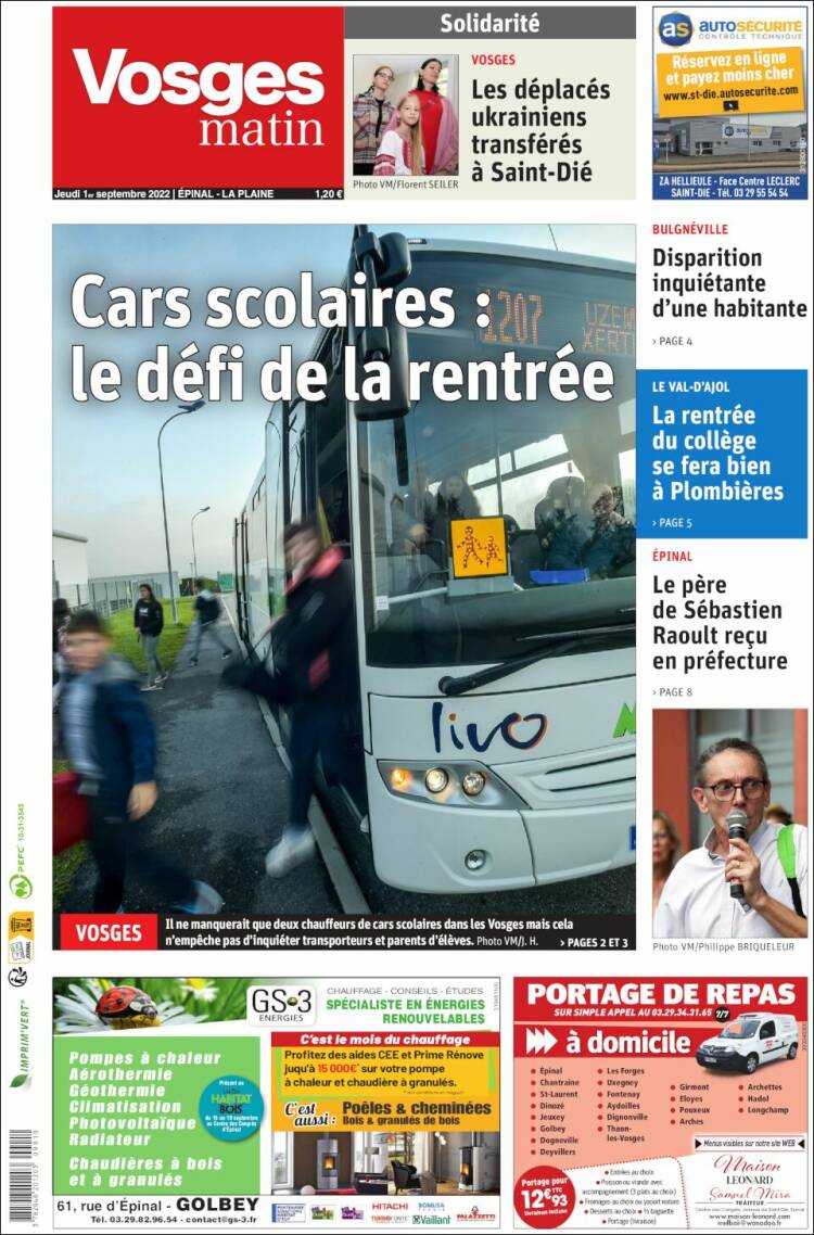 Portada de Vosges Matin (Francia)