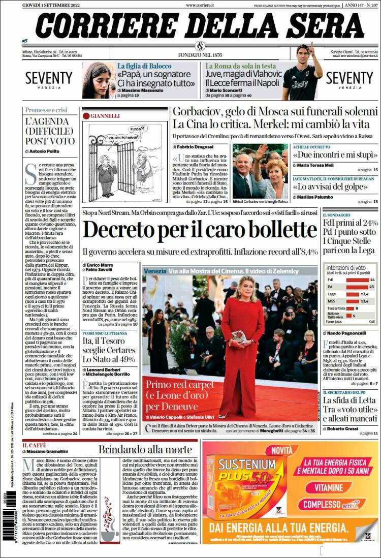 Portada de Corriere della Sera (Italia)