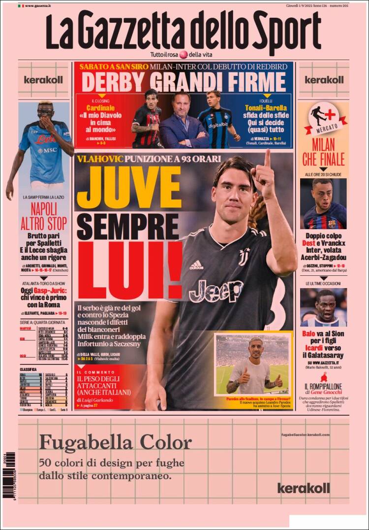 Portada de La Gazzetta dello Sport (Italia)