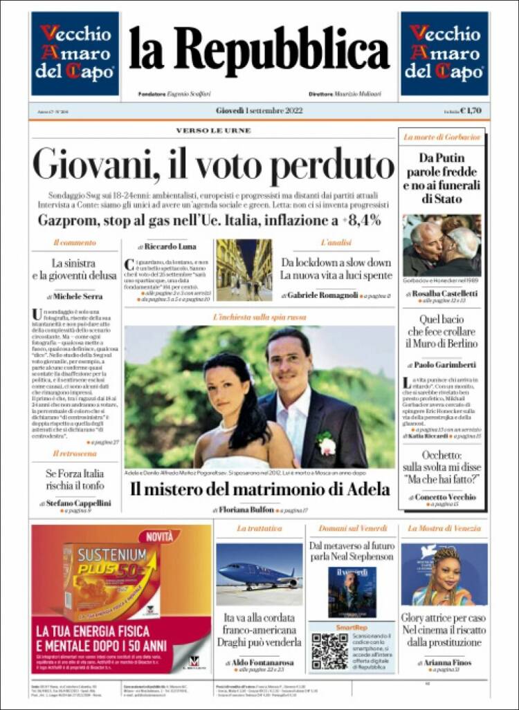 Portada de La Repubblica (Italia)