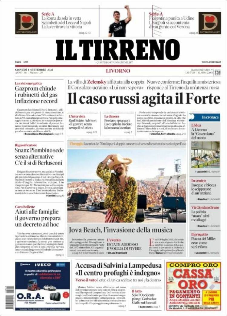 Portada de Il Tirreno (Italia)