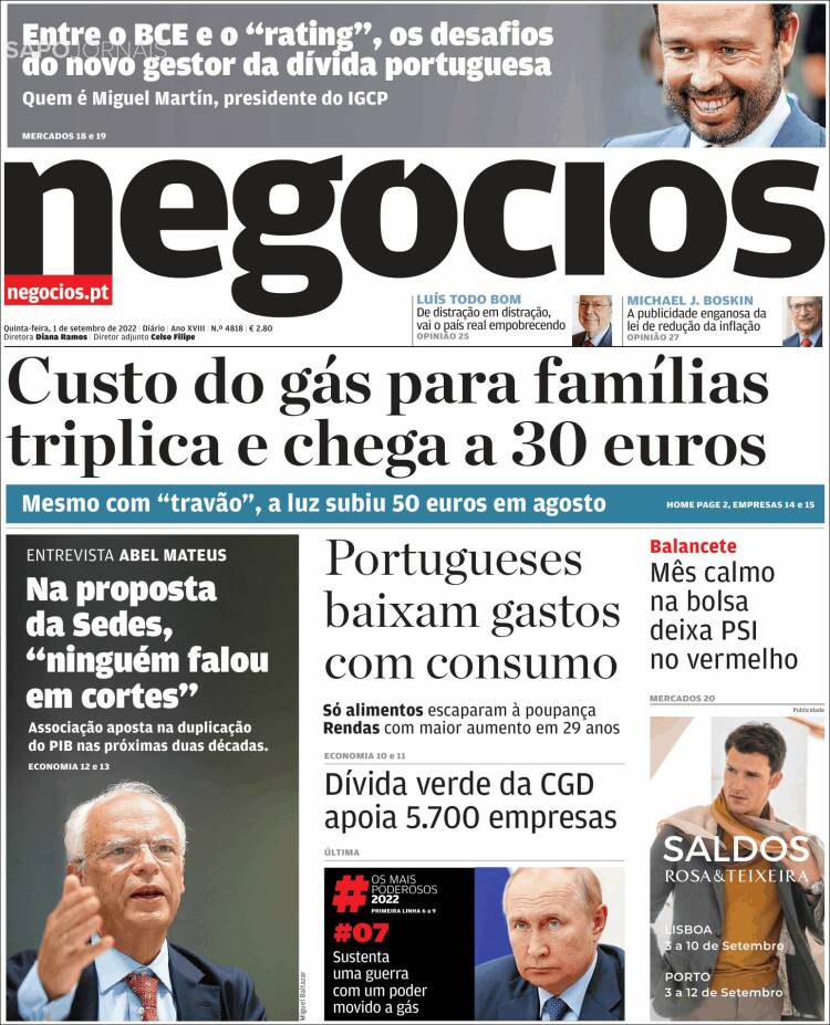 Portada de Jornal de Negócios (Portugal)