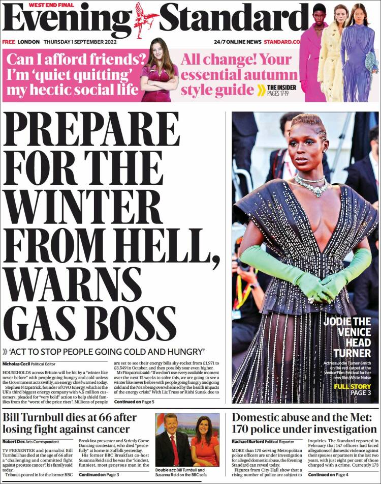 Portada de Evening Standard (Reino Unido)