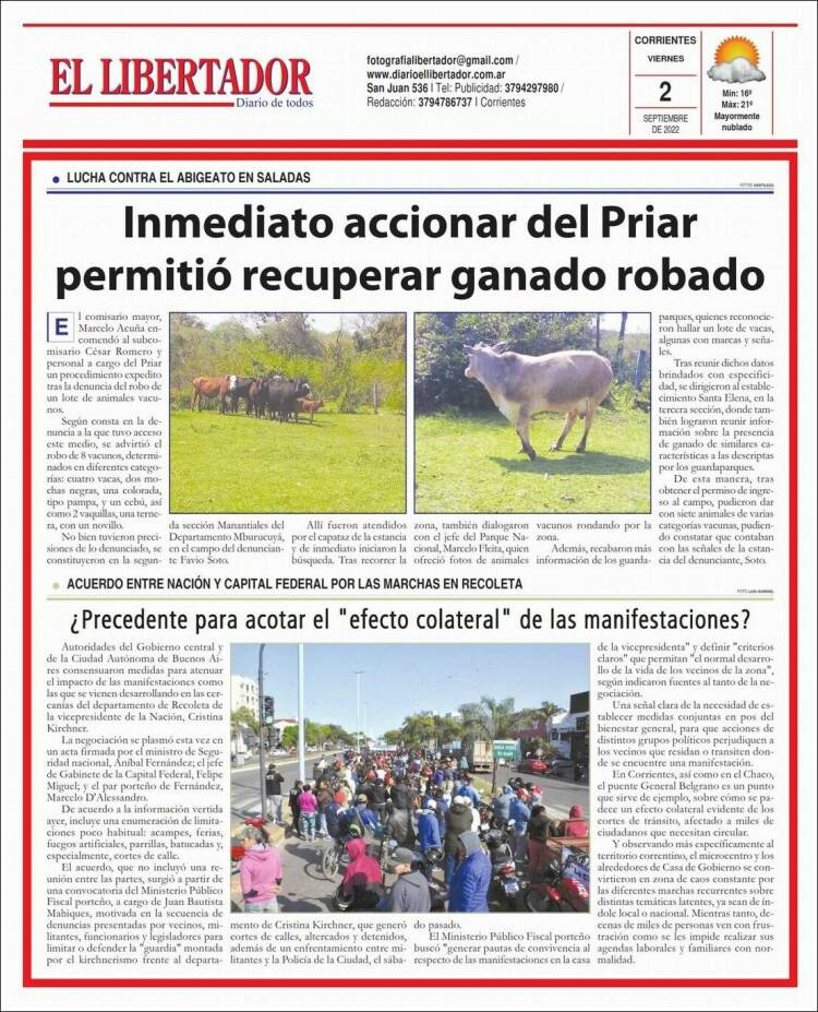 Portada de Diario El Libertador (Argentina)