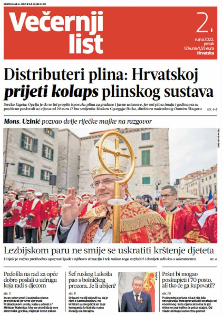 Portada de Večernji (Croacia)