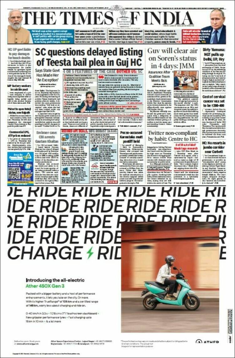 Portada de The Times of India (India)