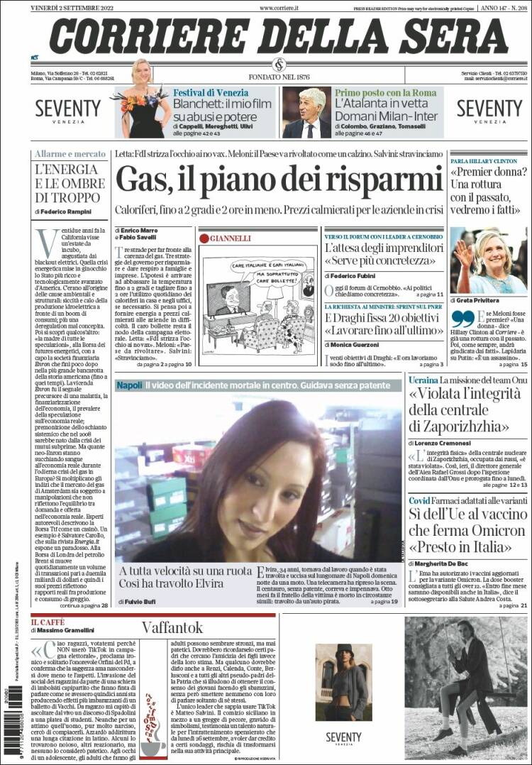 Portada de Corriere della Sera (Italia)