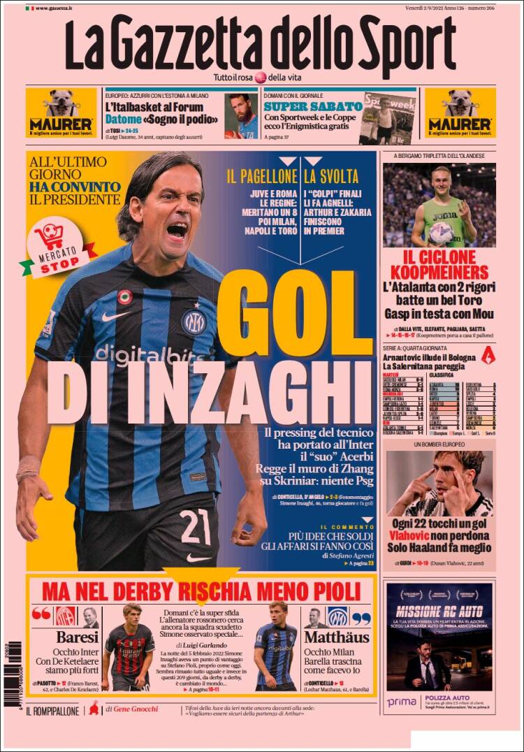 Portada de La Gazzetta dello Sport (Italia)